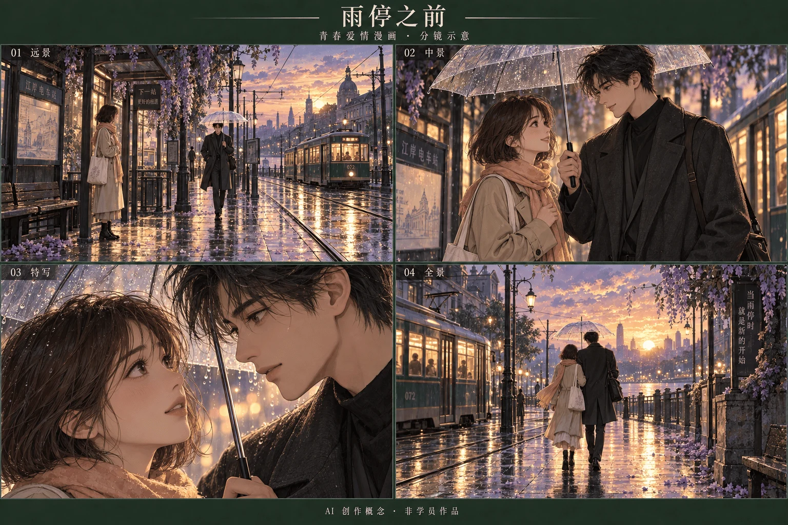 雨停之前：青春爱情漫画四镜分镜示意